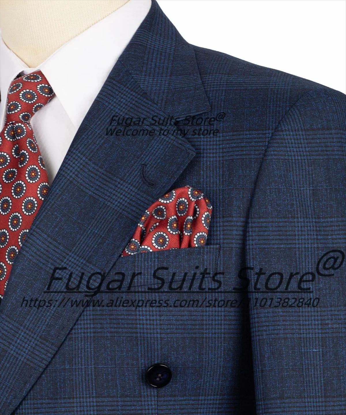 Costumes d'affaires à carreaux bleu marine pour hommes, personnalisés, coupe cintrée, Double boutonn