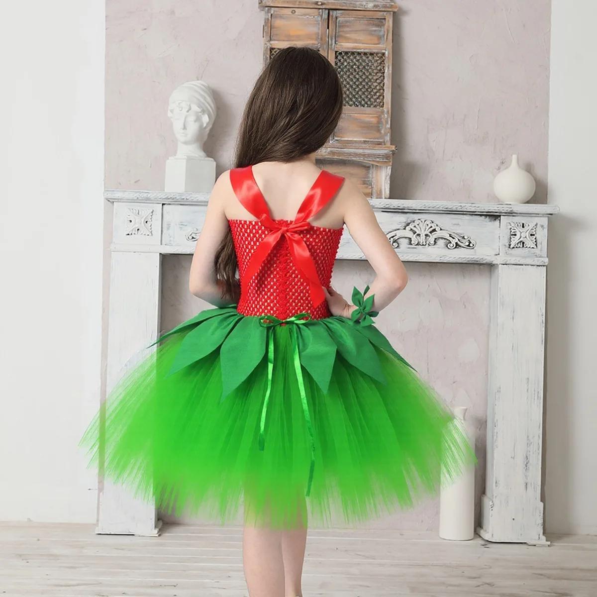 Costume d'Halloween pour filles, robe de fête hawaïenne à fleurs rouges et vertes avec couronne, ten