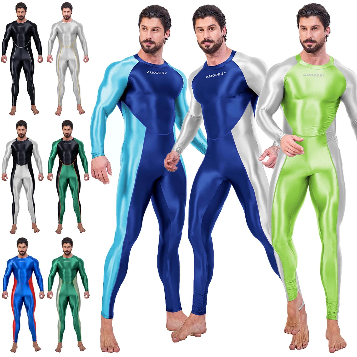 AMORESY-Combinaison de batterie lisse pour homme, combinaison de course à pied, catsuit de fitness,