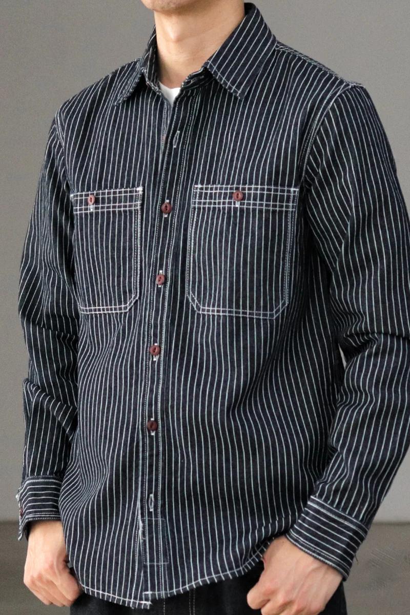 Chemise à rayures en Denim pour hommes, rétro américain, poids lourd, broderie Cargo, mode masculine