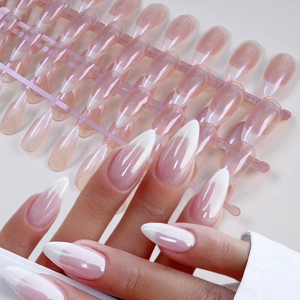 120 pièces français nacré faux ongles court amande couverture complète presse sur ongles blanc bord