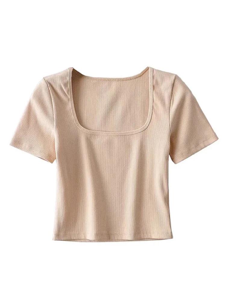 T-shirt court côtelé à col carré pour femmes, haut court à manches courtes