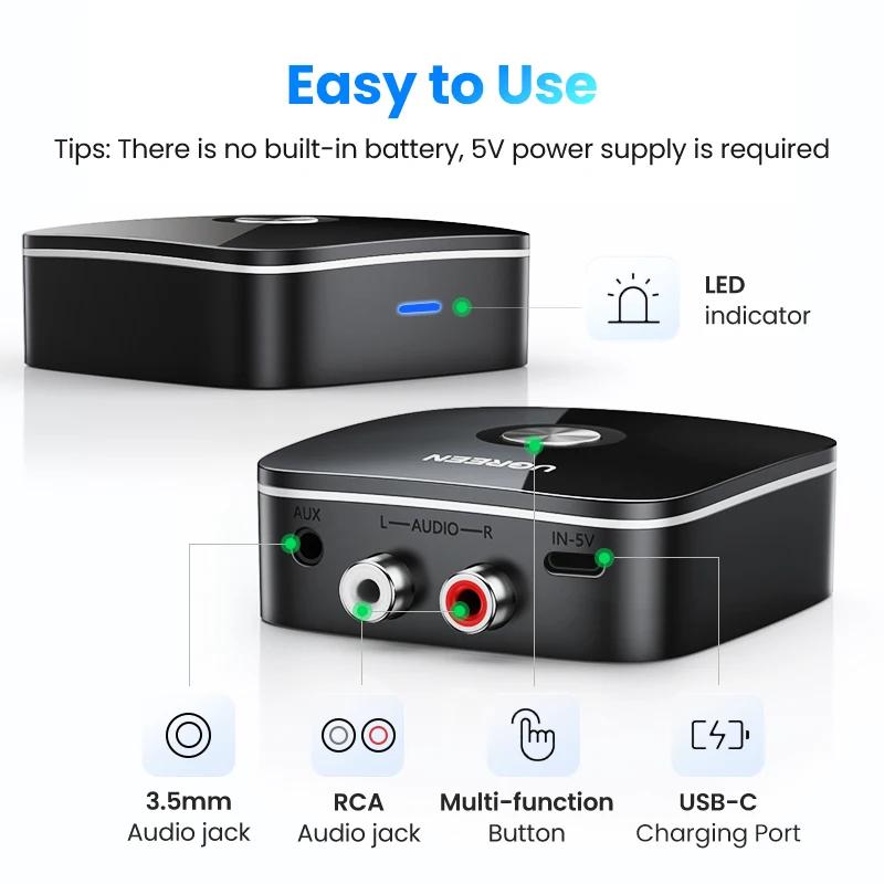 UGREEN Bluetooth RCA récepteur 5.1 aptX HD 3.5mm Jack Aux adaptateur sans fil musique pour TV voitur