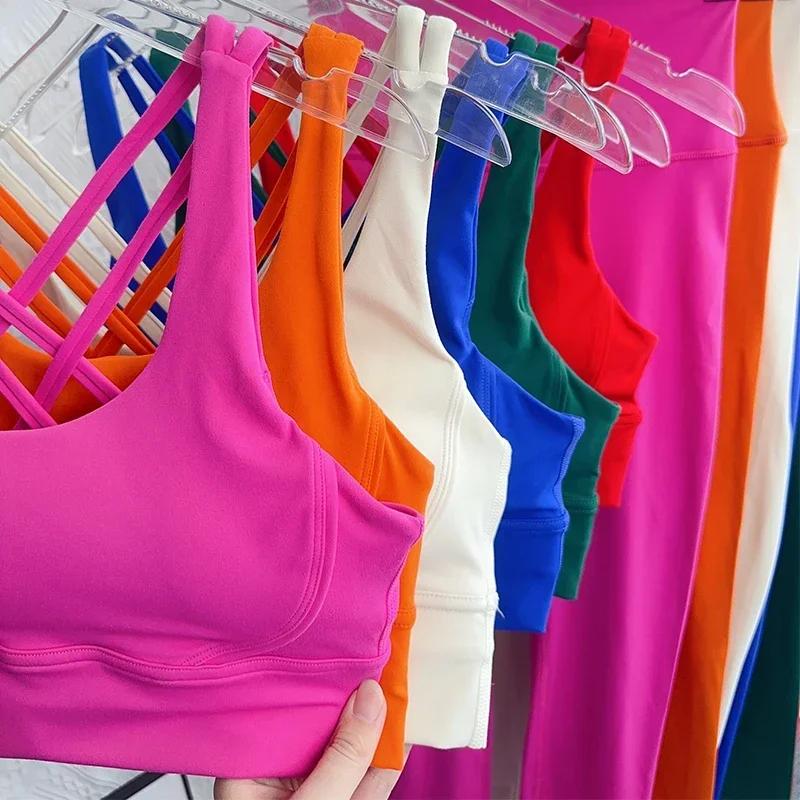 Ensemble yoga 2 pièces 2024 respirant dos croisé - Haut et pantalon fitness Pilates fesses pêche