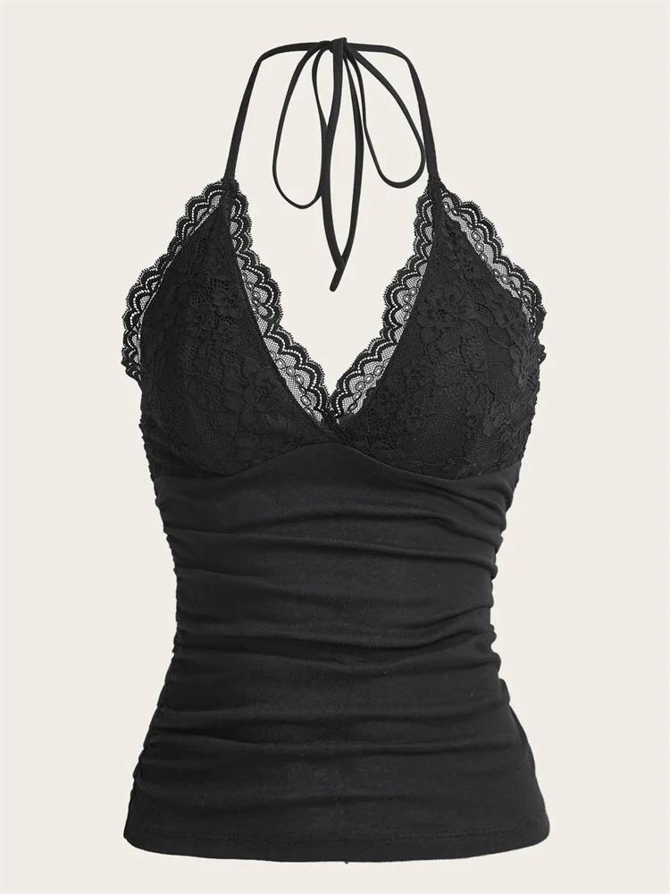 Goth Grunge Punk noir dentelle Patchwork haut à licou femmes été solide froncé dos nu sans manches d