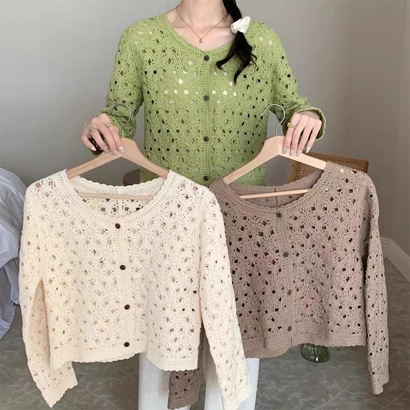 Haut en Crochet à manches longues pour femmes, veste Cardigan en tricot ajouré à boutons transparent