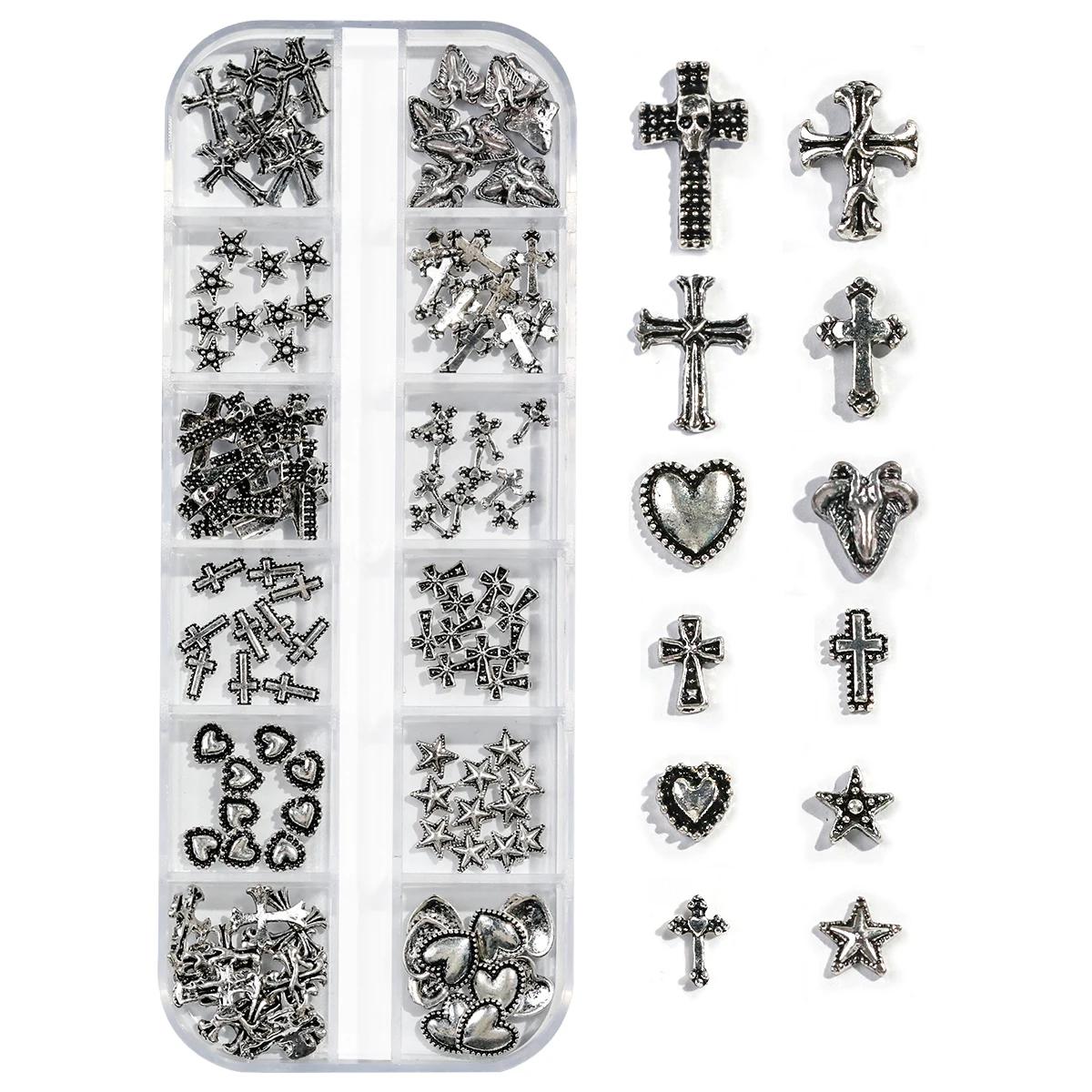 Boîte de 12 grilles Vintage en forme de croix en alliage de Zinc, bijoux pour ongles, fournitures en
