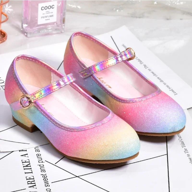 Chaussures de princesse pour filles, chaussures en cuir à paillettes arc-en-ciel, à la mode, pour en