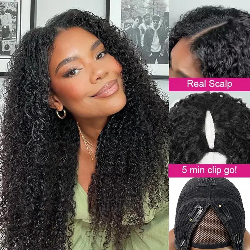 Perruque Brésilienne Bouclée en V pour Femme, Cheveux Humains Remy, Deep Wave, 250% Sans Colle, 30 3