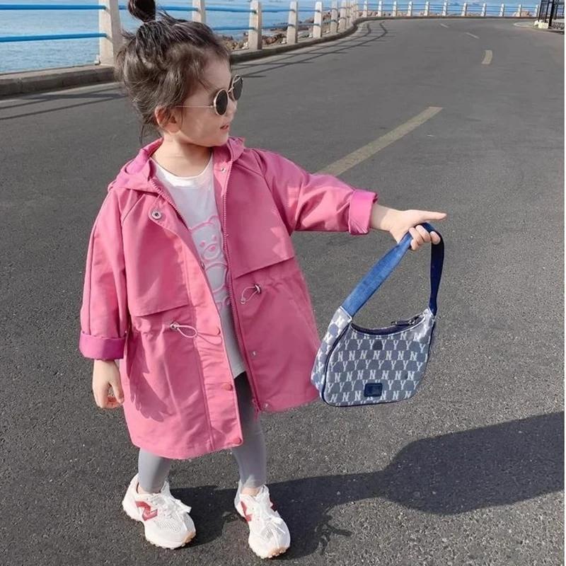 Veste coupe-vent à capuche rétractable pour filles, style long, collection printemps-automne, très v