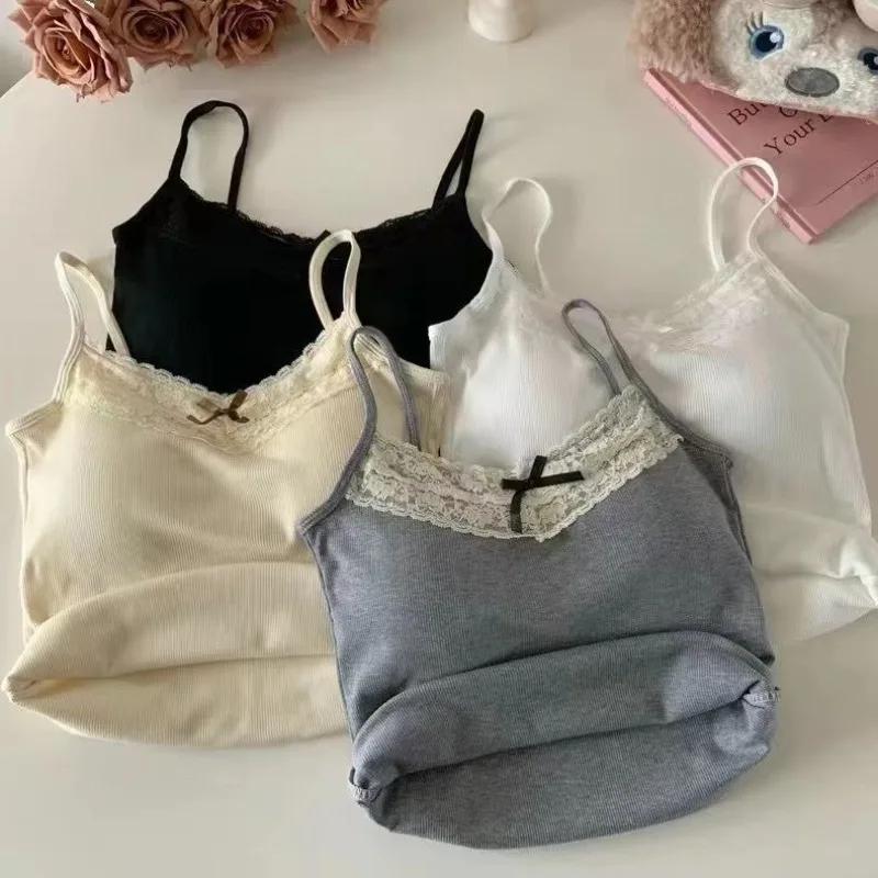Femmes Camisole débardeurs Sexy nœud sans manches haut Corset avec coussin de poitrine doux dentelle