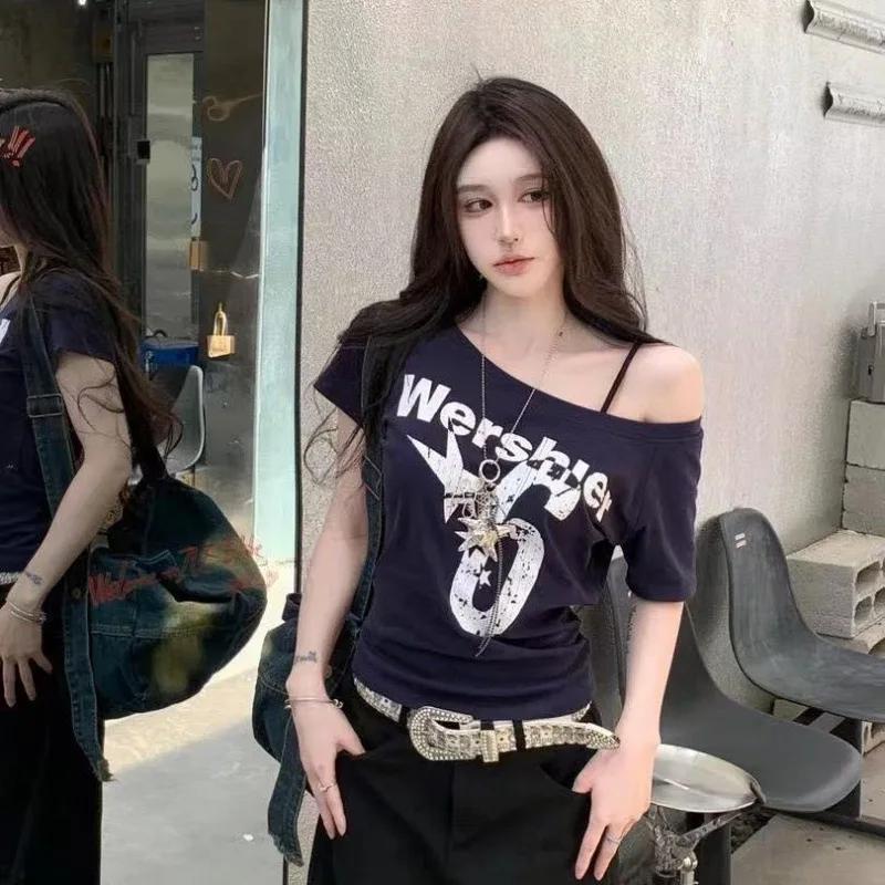 Y2k Sport été épaules dénudées haut femmes Sexy Vintage années 2000 à manches courtes t-shirt dame c