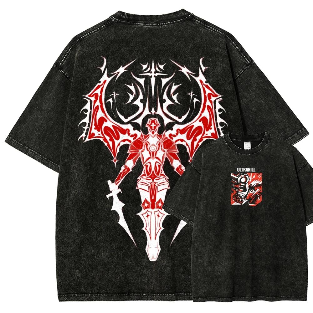 Ultrakill Nouveau modèle T-shirt délavé pour les amateurs d'anime, vêtements de caractère, coupe ove