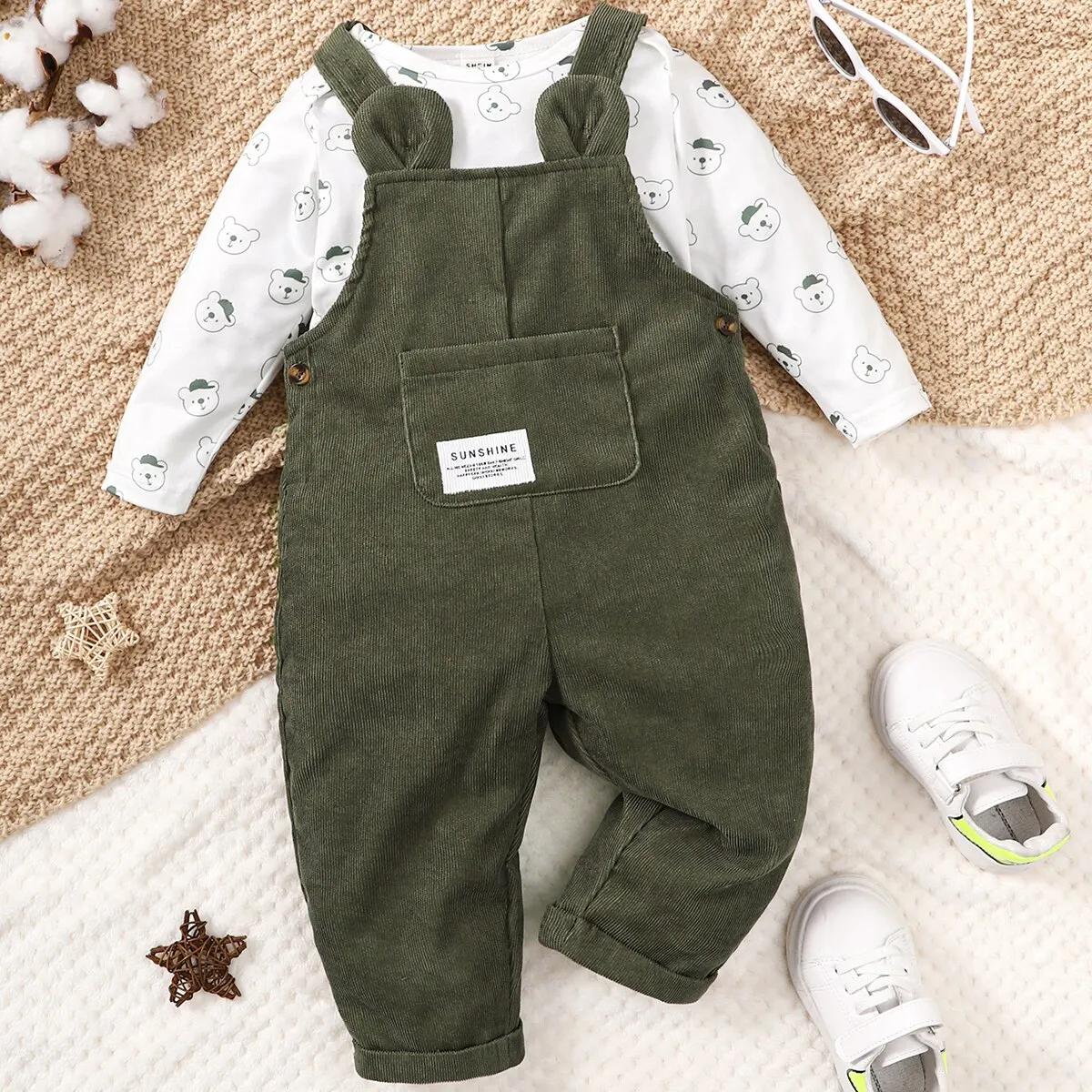 Ensemble de vêtements College petit ours pour bébé garçon, haut à manches longues, pantalon à bretel