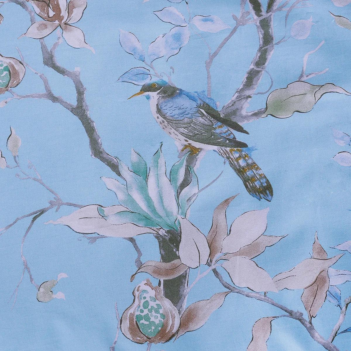 Ensemble de housse de couette 3 pièces 600TC 100% coton égyptien, Vintage bleu clair oiseau aquarell