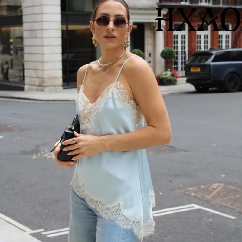 HXAO femmes recadrée dentelle haut Slip dos nu Sexy haut bleu femmes sans manches Camisole hauts de