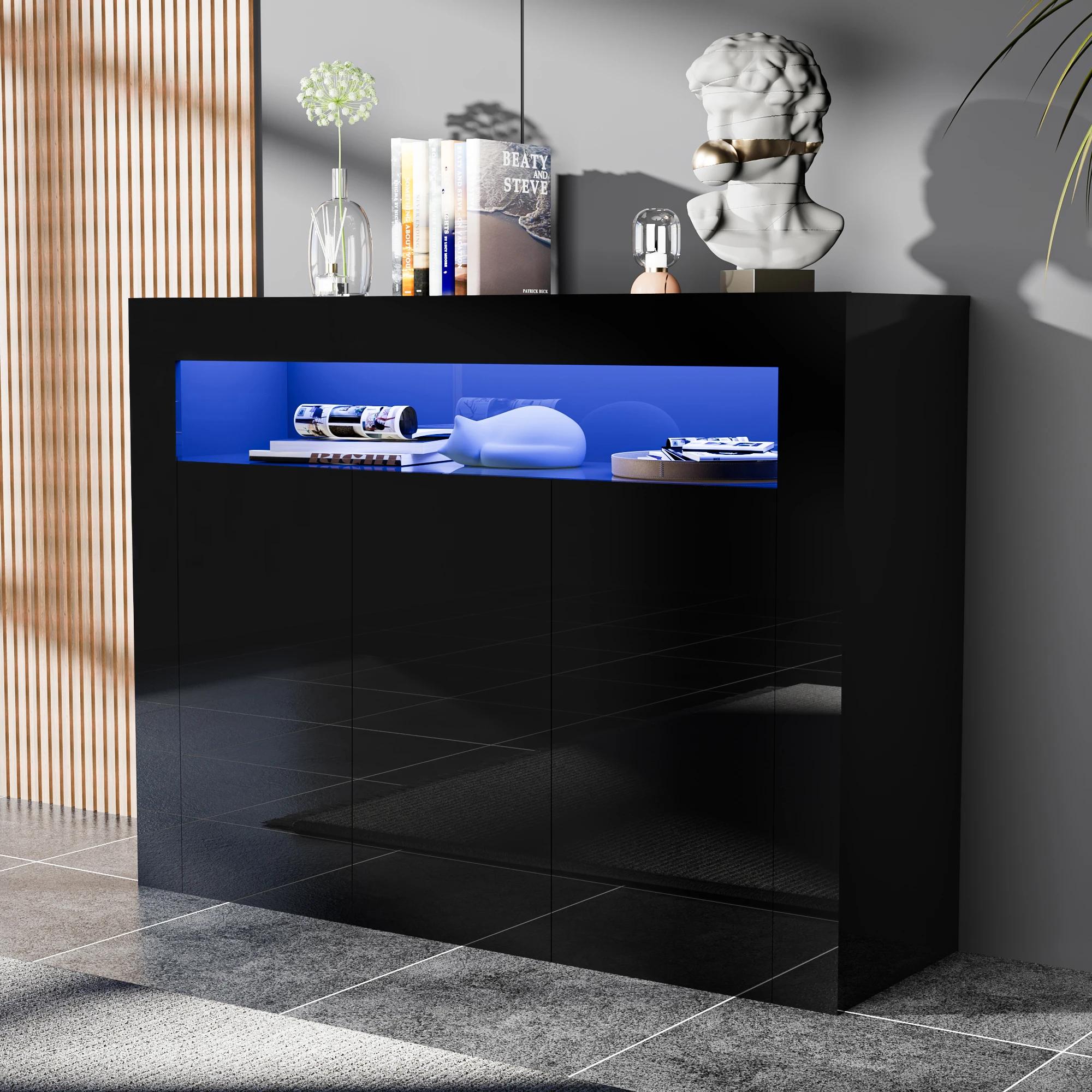 Armoire de rangement moderne avec lumières LED, buffet haute brillance, étagère réglable, 3 portes