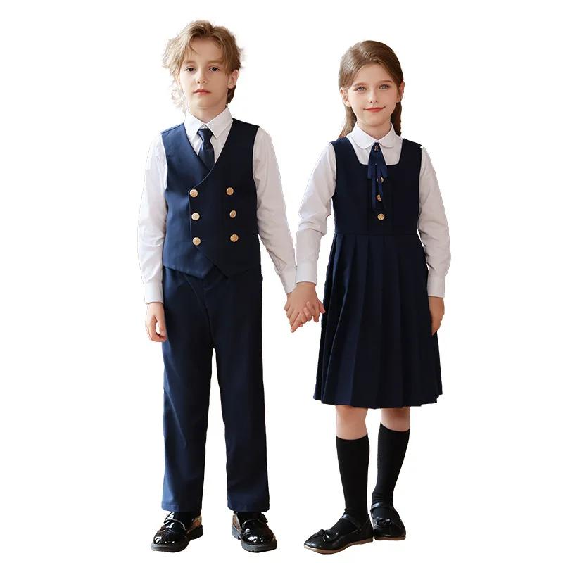 Garçons britannique Double boutonnage gilet costume pantalon filles robe enfants étudiant vêtements
