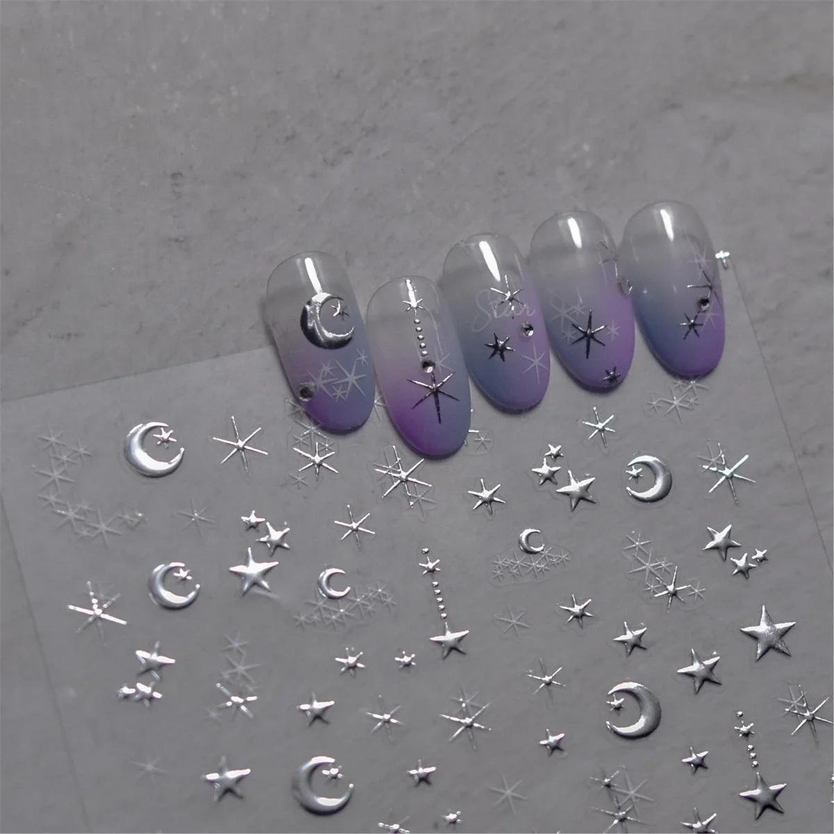 Autocollants pour ongles bronzants coréens 5D, 1 pièce, or japonais, argent, étoile, lune, luxe, déc