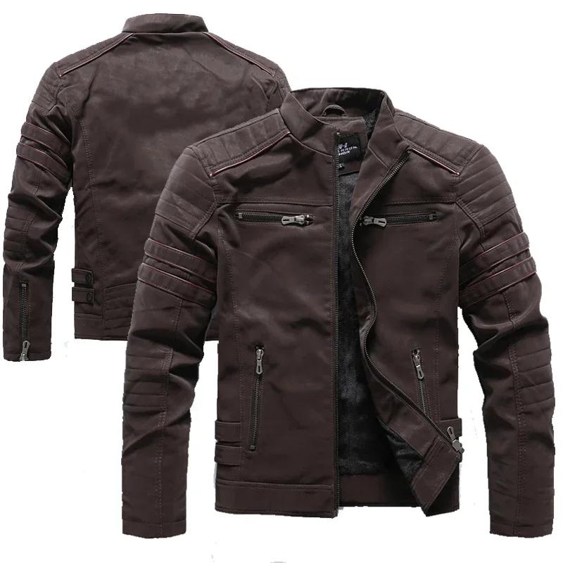 Vintage polaire veste en cuir hiver hommes marque moto PU chaud multi-poches en cuir manteau mâle fe