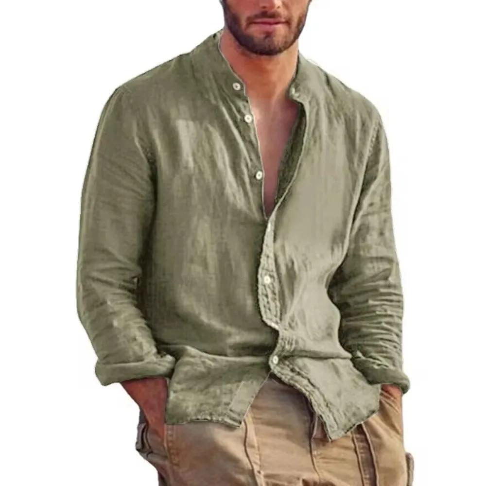 Chemise en lin à manches longues pour hommes, col montant, chemises légères décontractées pour homme