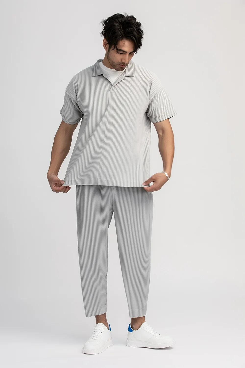 Miyake plissé hommes Polo à manches courtes revers t-shirt respirant ample décontracté plaine haut M