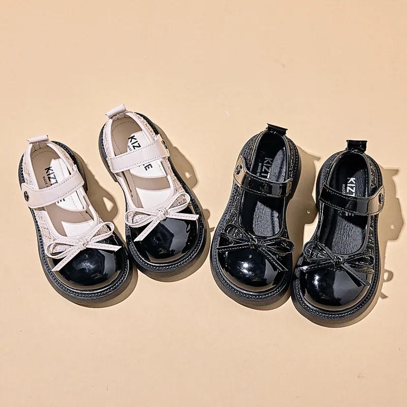 Chaussures plates pour filles, style patchwork, nœud tendance, chaussures en cuir pour enfants, chau