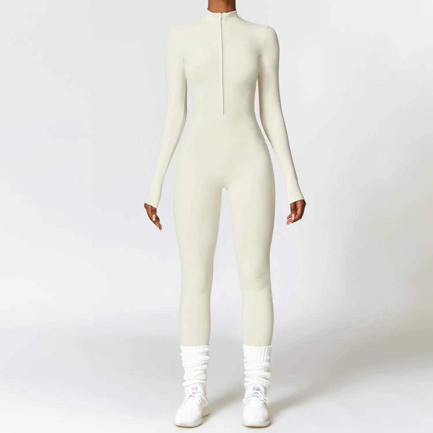 Vêtements de sport une pièce à manches longues pour femmes, barboteuse de Yoga à fermeture éclair, c