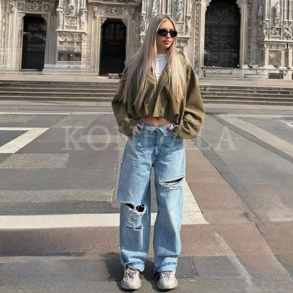 KONDALA 2026 Printemps-Été – Pantalon en jean élégant pour femme, coupe large, déchiré, idéal pour l
