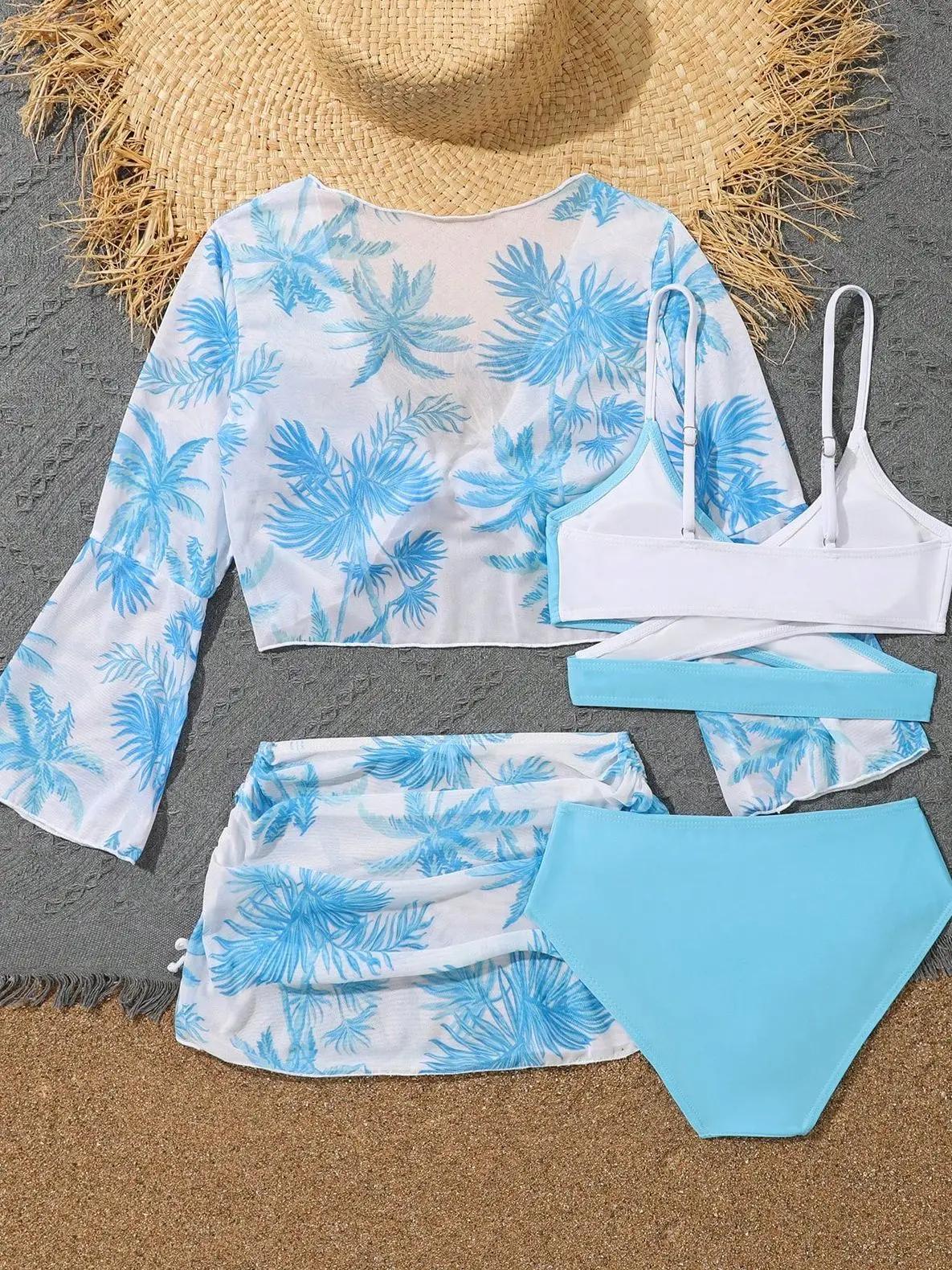Ensemble 4 pièces haut de bikini et jupe 2026 pour filles, maillot de bain taille haute pour enfants