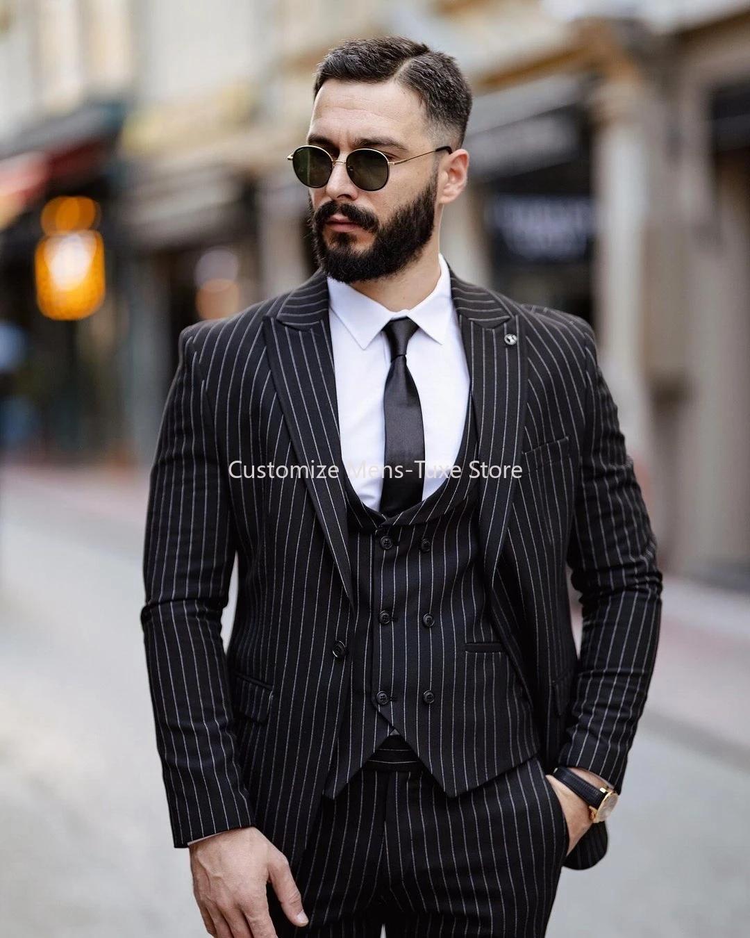 Costume noir à fines rayures pour hommes, ensemble blazer coupe couvertes, veste et pantalon, revers
