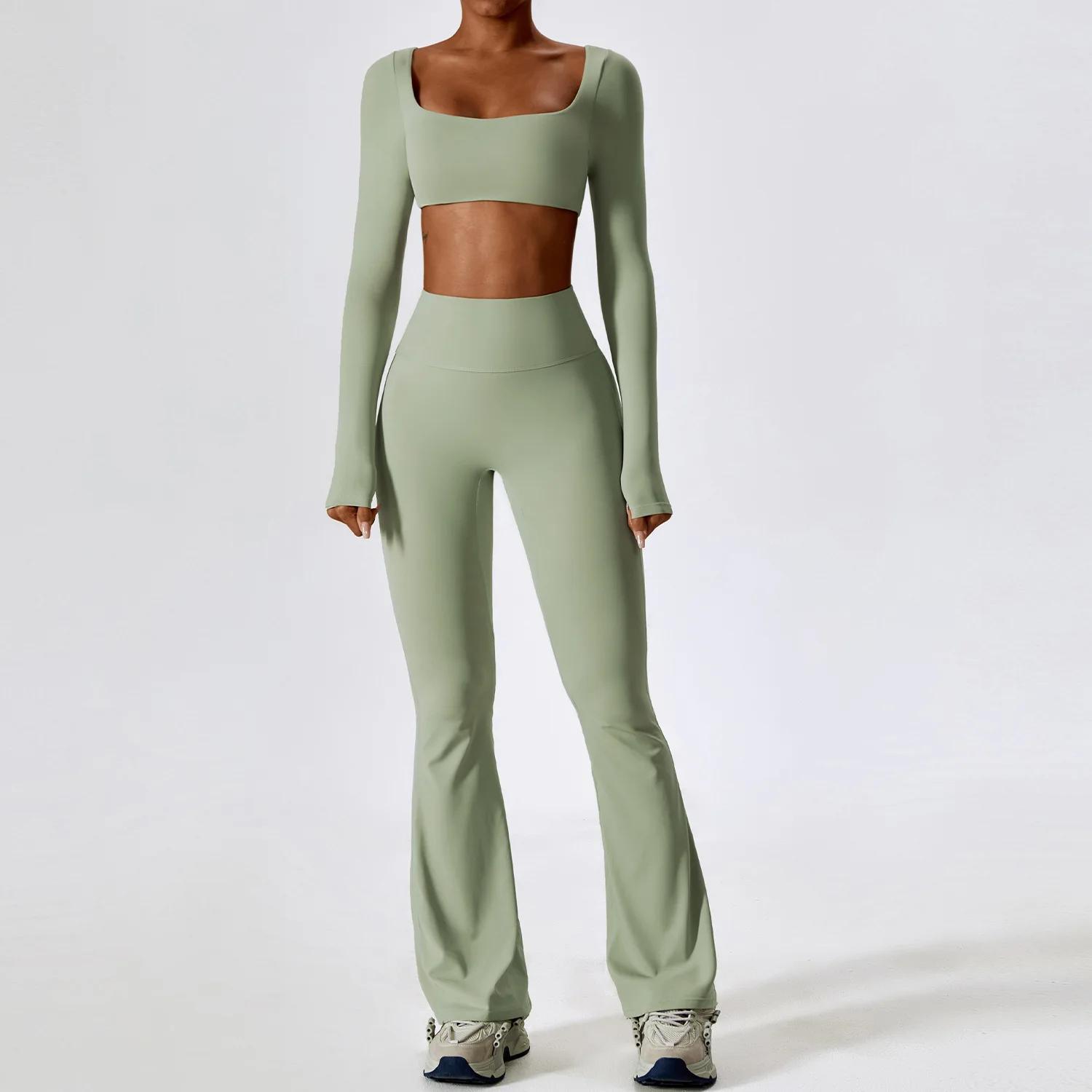 Ensemble survêtement 2 pièces femme haut court manches longues leggings yoga gym