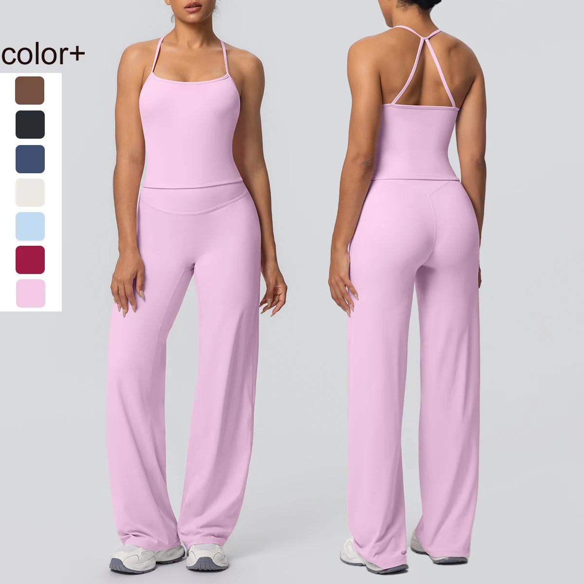 Ensemble de Yoga 2 pièces pour femmes, couleur unie, sport, Sexy, belle sangle arrière, haut d'entra