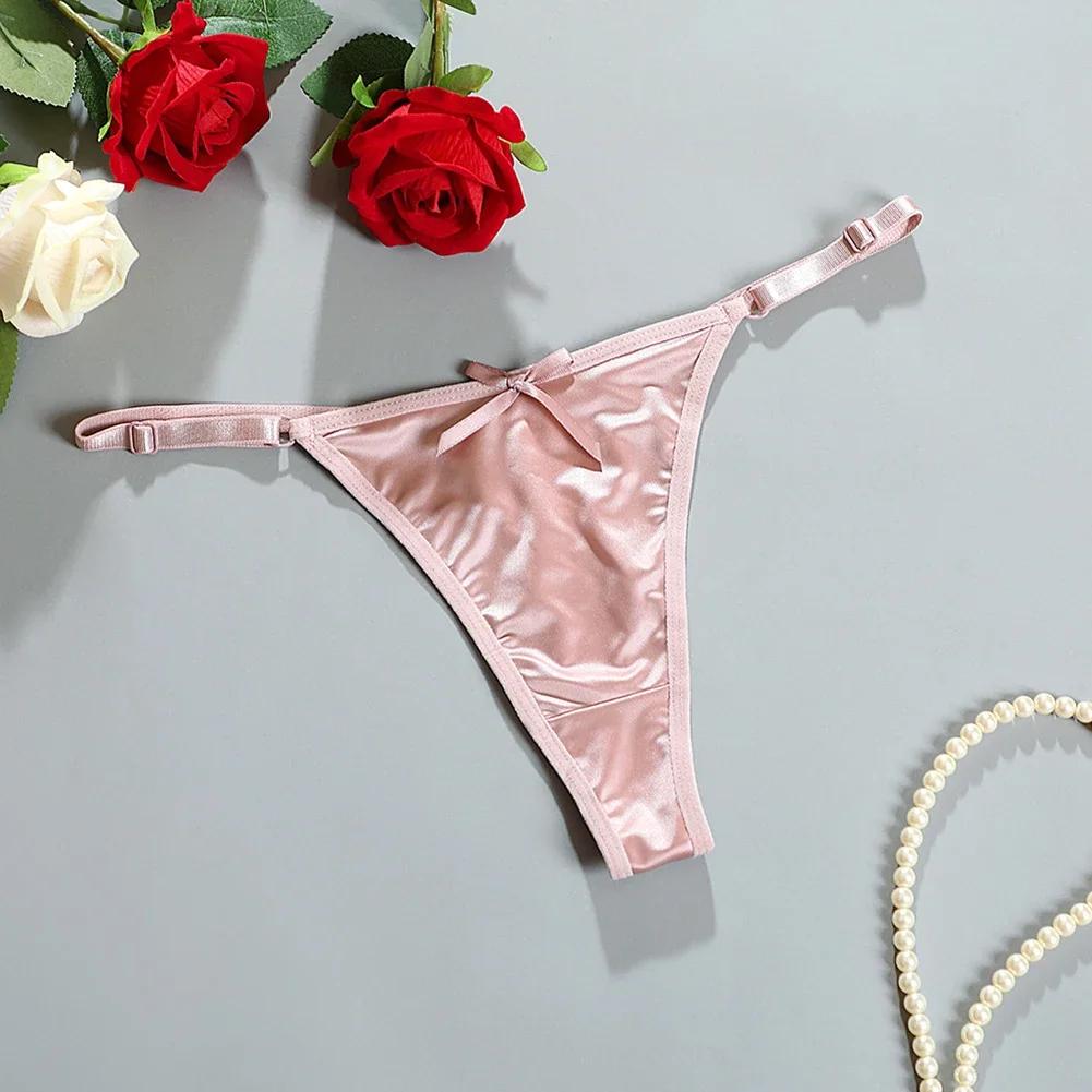 Culottes string sexy en satin doux pour femmes, taille basse avec nœud, confortables, sous-vêtements