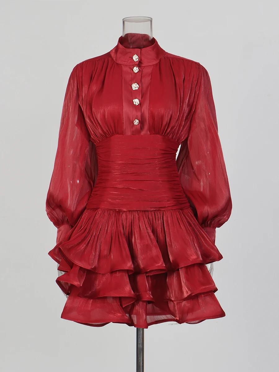 TWOTWINSTYLE élégant minceur épissé volants plis Mini robes pour les femmes col montant manches long