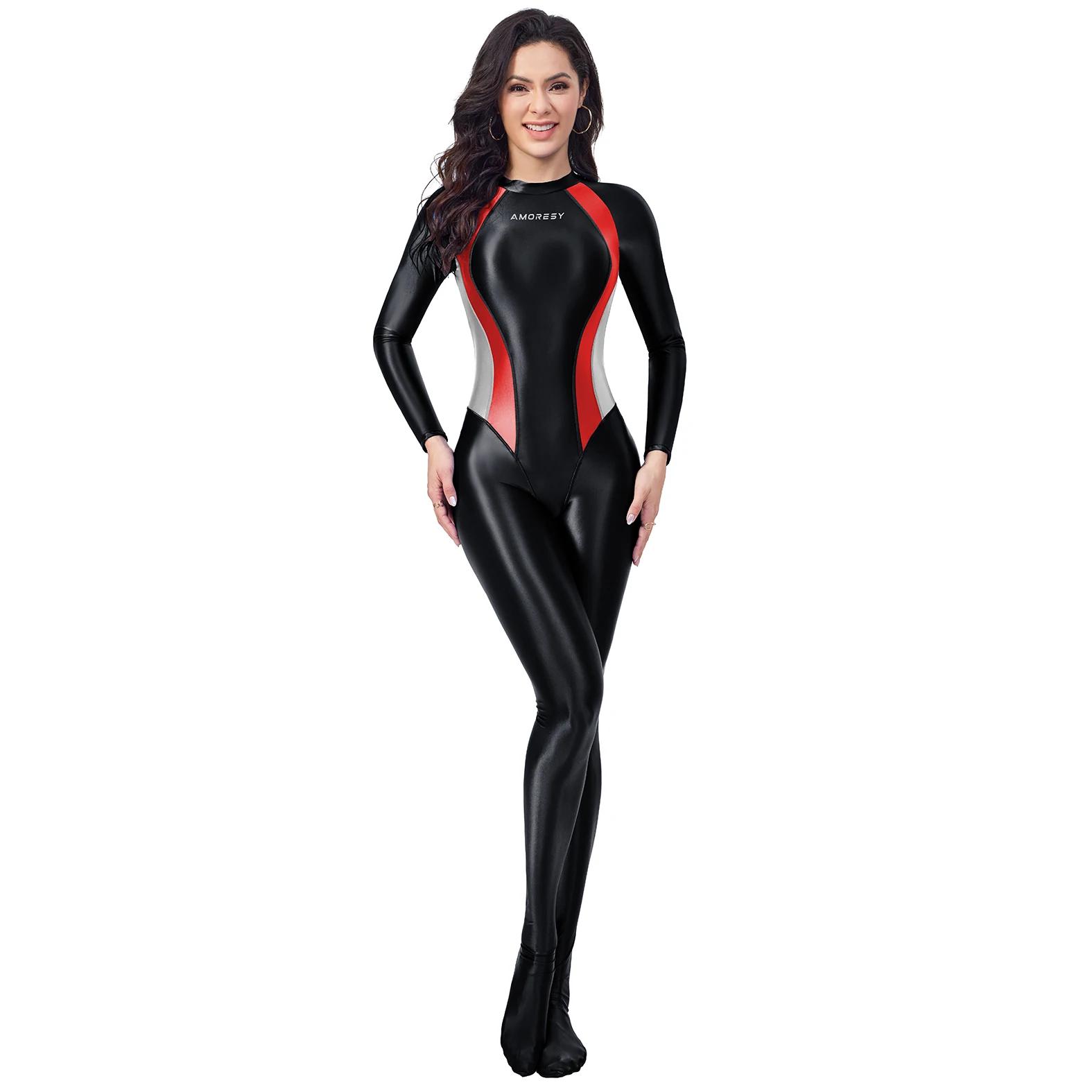 AMORESY – combishort Catsuit Wetlook pour femmes, justaucorps brillant avec fermeture éclair, combin