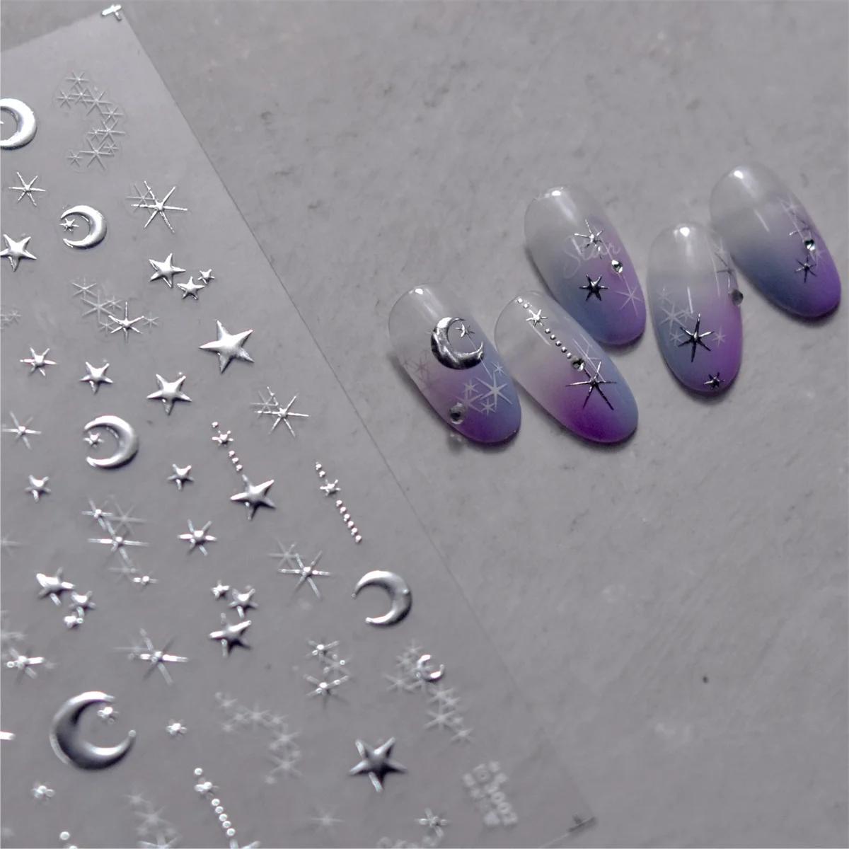 Autocollants pour ongles bronzants coréens 5D, 1 pièce, or japonais, argent, étoile, lune, luxe, déc