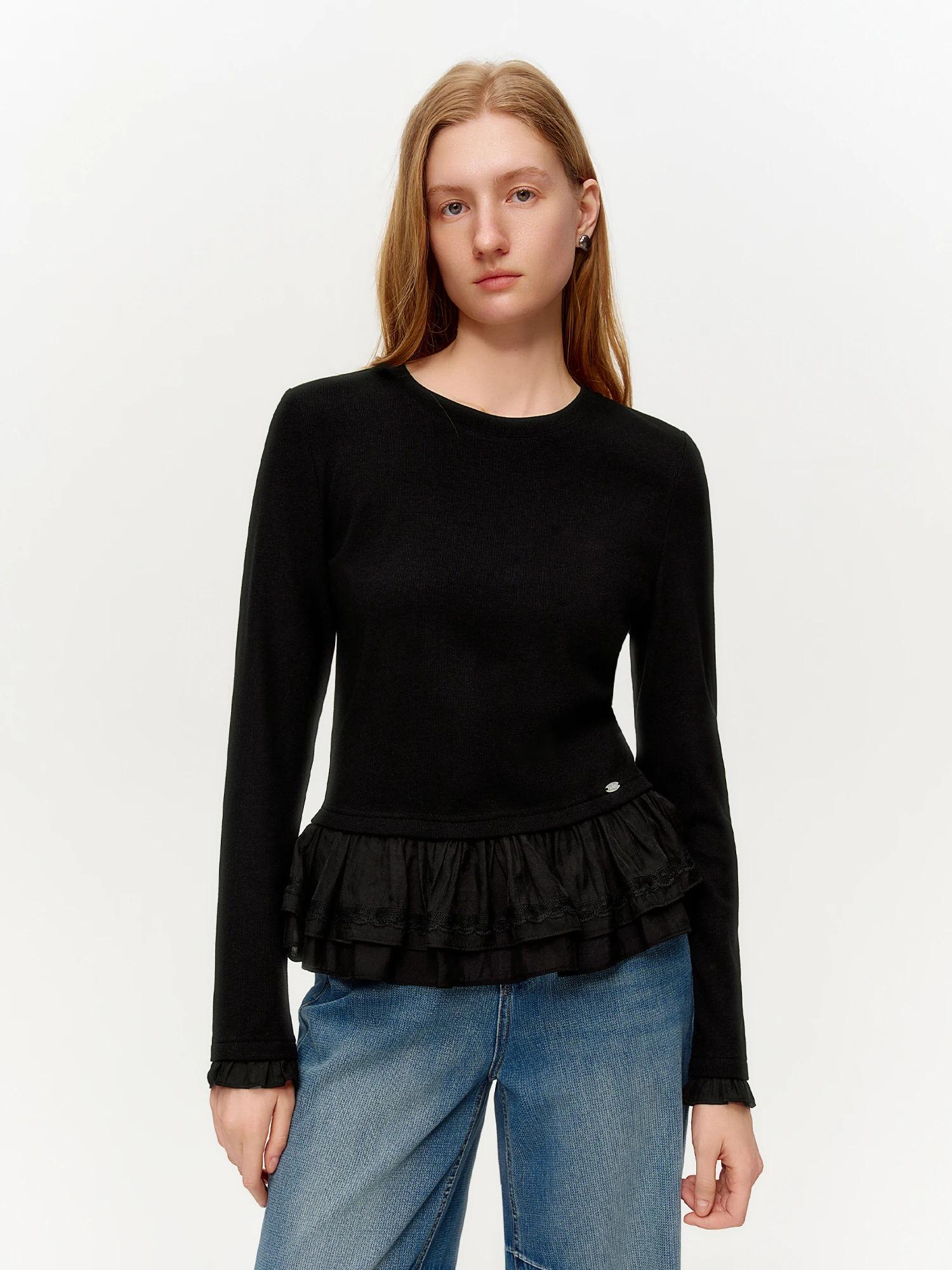 DUSHU – T-Shirt tricoté à col rond et bordure à volants pour femme, couche de Base à Texture côtelée
