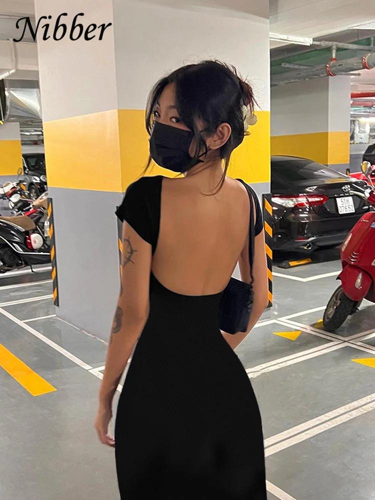 Nibber-Robe longue à manches courtes et dos nu pour femme, vêtement de couleur unie, sexy, élégant,