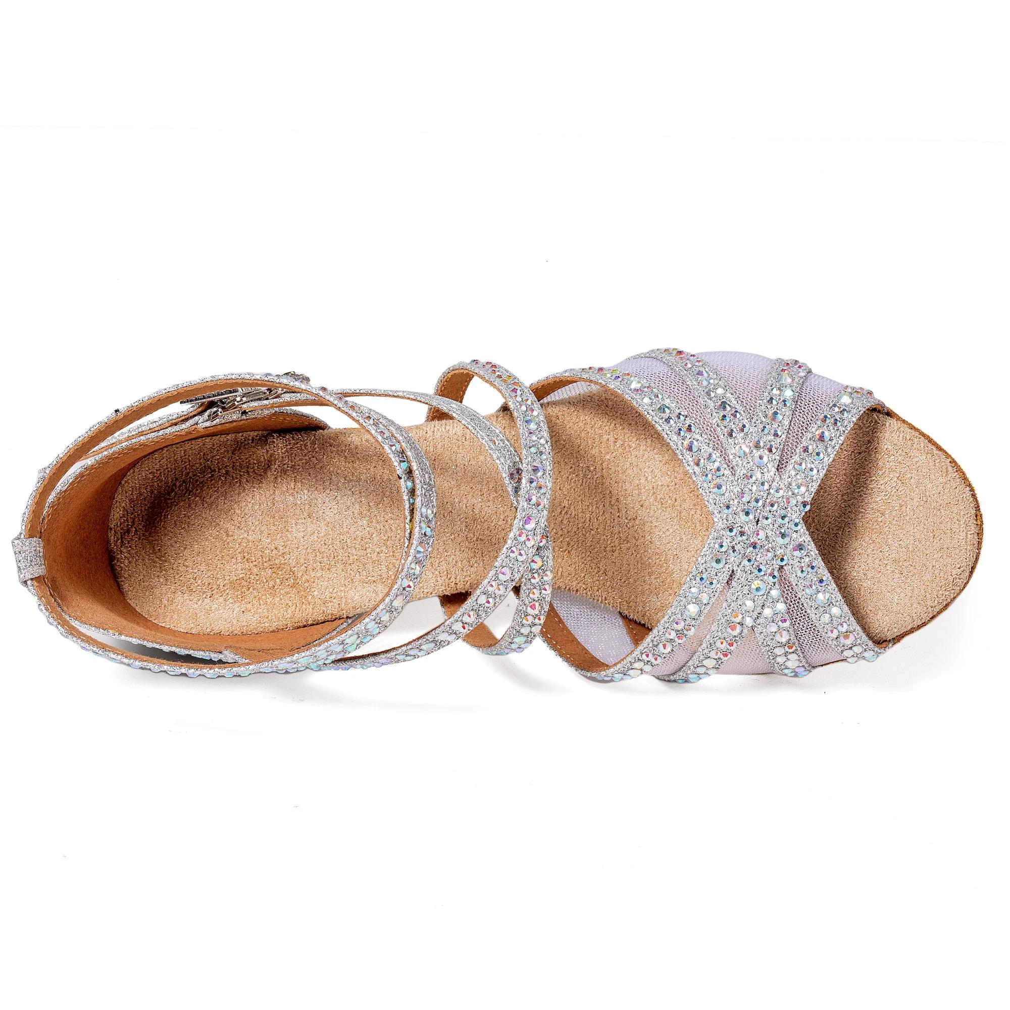 Chaussures de danse latine pour femmes adultes, paillettes argentées, talon de 5.5cm, quatre sangles