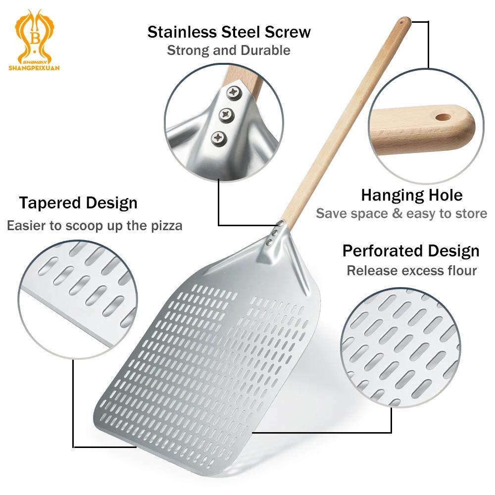 SHANGPEFATE-Pelle à Pizza Perforée UAN avec Manche en Bois Tournant, Spatules Courtes Anodisées, Out