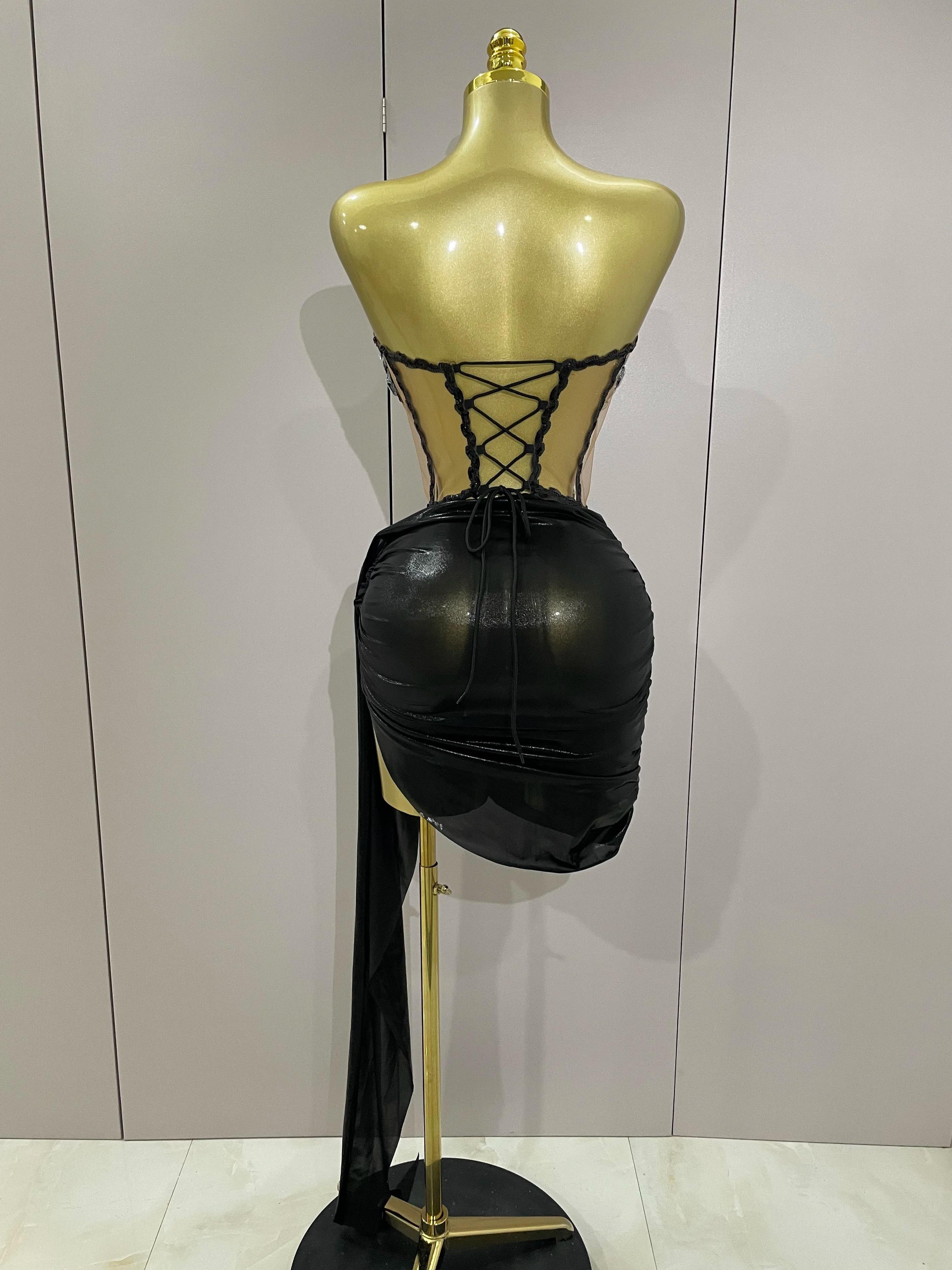 Sexy brillant strass paillettes 2 pièces haut jupe ensemble 2025 femmes célébrité soirée scène disco