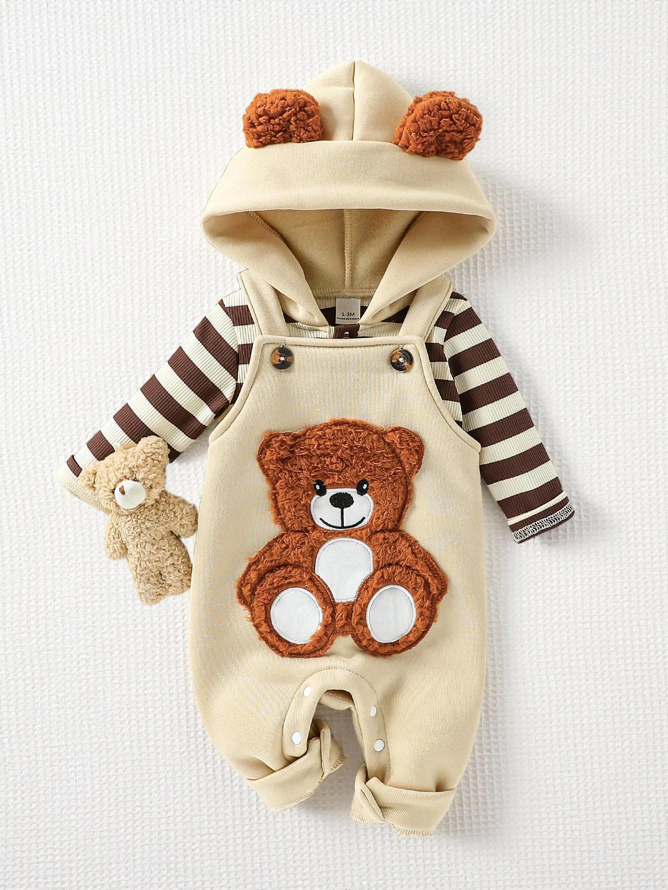Ensemble de vêtements pour bébé garçon, sweat-shirt à capuche rayé à manches longues, salopette ours
