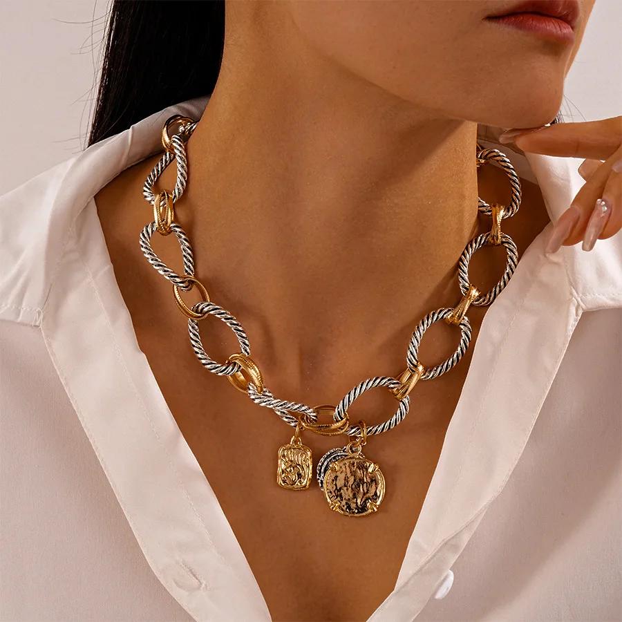 ZAA Vintage métal torsadé cercle chaînes ronde pièce pendentif colliers pour femmes Puk fête chaîne