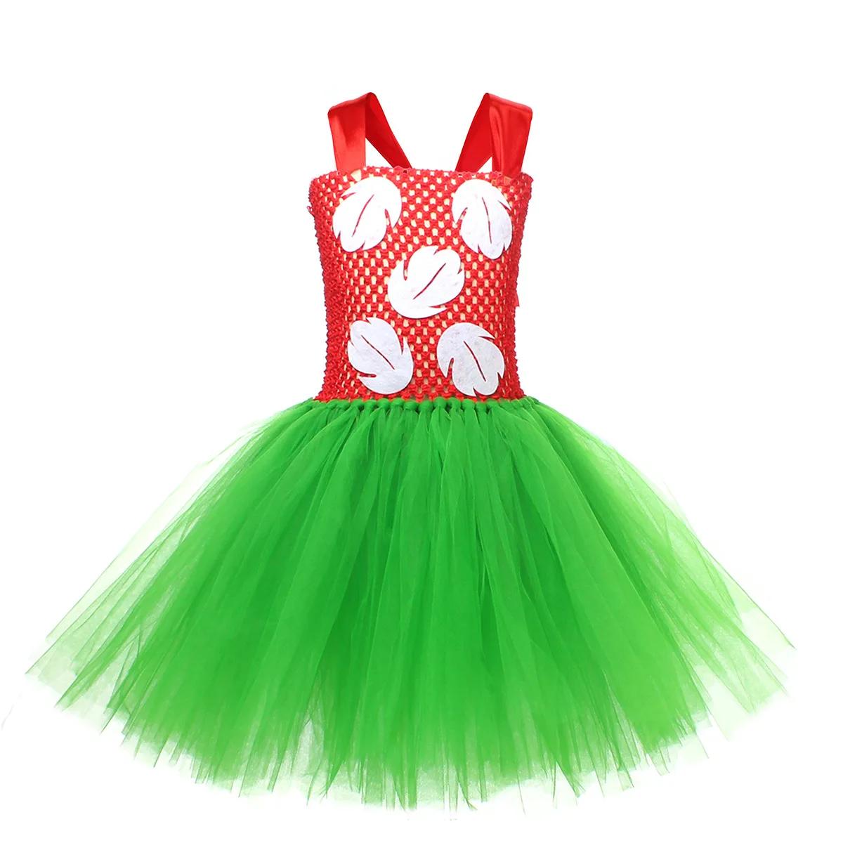 Costume d'Halloween pour filles, robe de fête hawaïenne à fleurs rouges et vertes avec couronne, ten