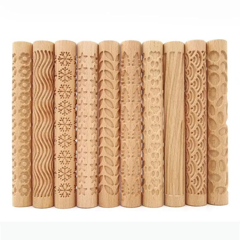 Rouleau à pâtisserie Texture en bois, poterie en céramique, tige en relief, motif de fleur, rouleau