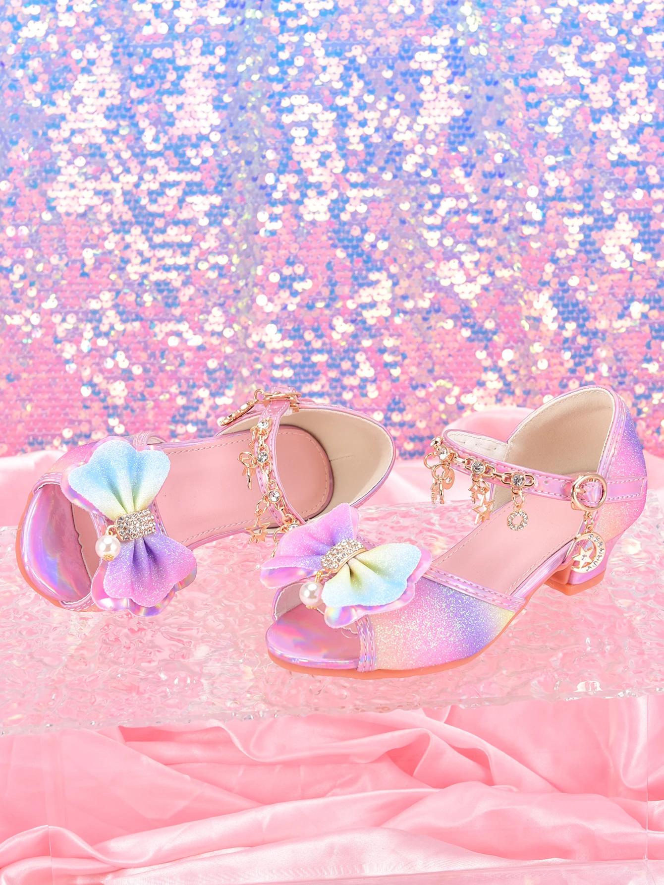 Chaussures à talons hauts à paillettes arc-en-ciel pour filles, sandales de fête pour spectacle de d