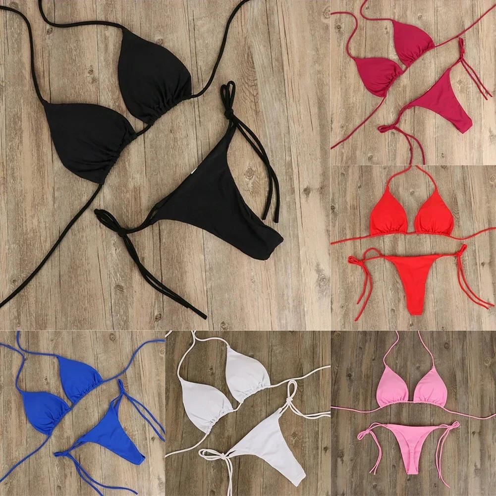 Maillot de bain à lacets pour femmes, couleur unie, Style col suspendu, Triangle réglable, Sexy, pla