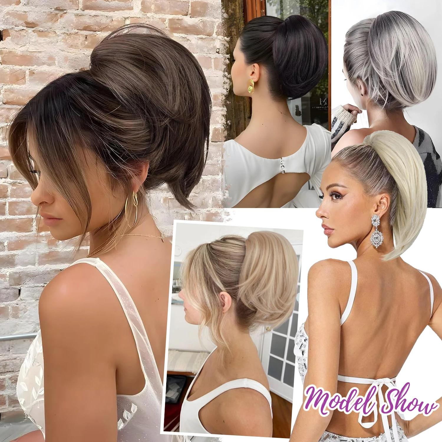 Chignon synthétique postiche entièrement court queue de cheval Chignon brun mélange blond Chignon av