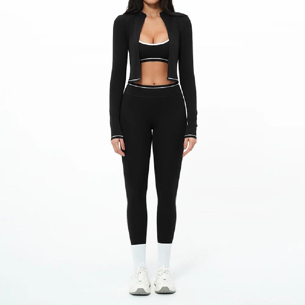 Ensemble de yoga 3 pièces avec fermeture éclair, tenue de sport d'extérieur, survêtement de gym pour